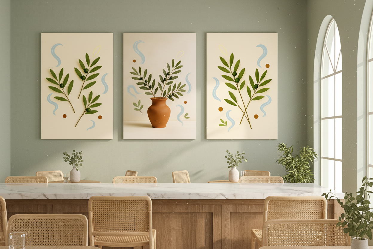 Olive Branch Botanical Canvas Set triptych on sage green wall in a bright airy Mediterranean cafe with rattan chairs - Portugal Canvas Co