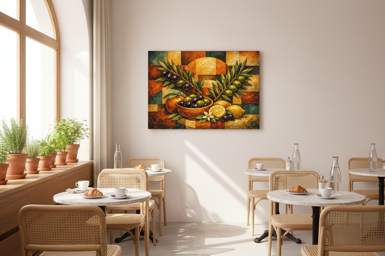 Mediterranean harvest olives and citrus cubist still life canvas wall art displayed in a bright Mediterranean café interior - Portugal Canvas Co