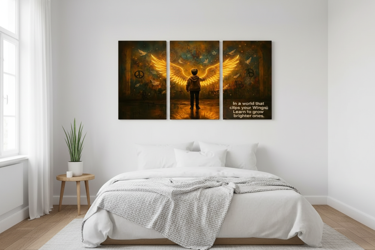 Inspirational golden angel wings triptych canvas wall art displayed on a white wall in a minimalist Scandinavian bedroom - Portugal Canvas Co