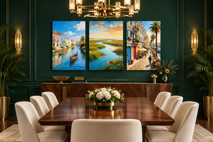 Aveiro three-panel canvas set in an emerald Art Deco dining room with brass lighting - Portugal Canvas Co