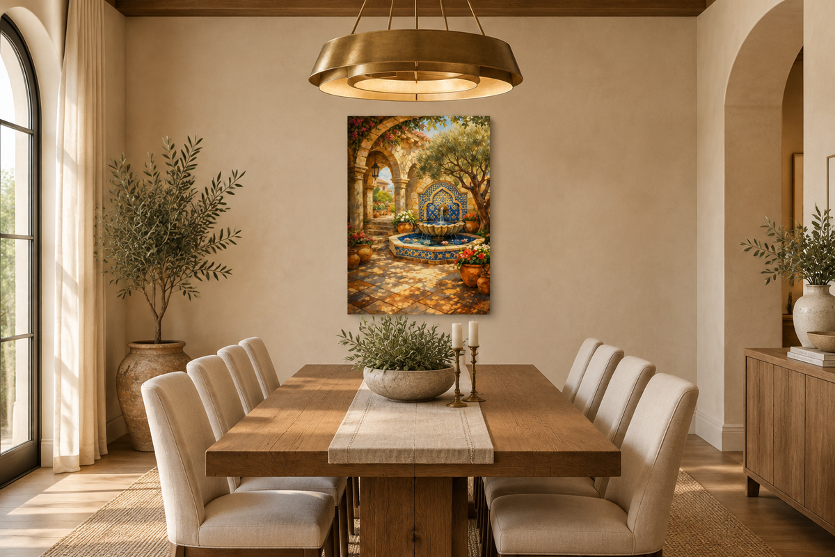 Mediterranean courtyard fountain canvas wall art above a wooden dining table in an elegant dining room - Portugal Canvas Co