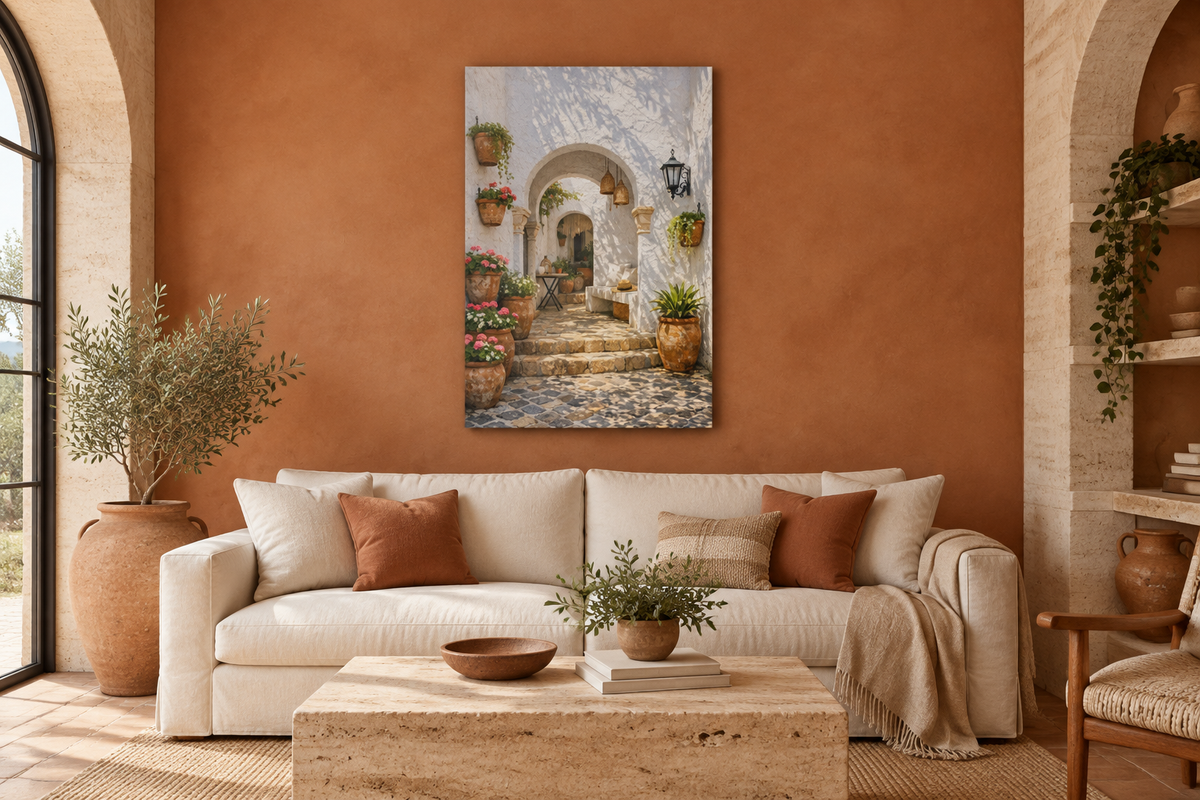Mediterranean stone archway and terracotta pots canvas above a cream sofa in a living room - Portugal Canvas Co