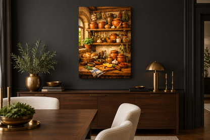 Mediterranean pantry still life canvas displayed in a charcoal and walnut dining room - Portugal Canvas Co