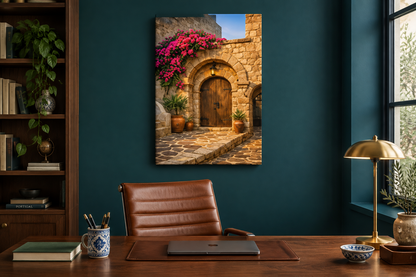 Mediterranean archway and cobbled path canvas wall art in a teal home office with walnut desk - Portugal Canvas Co