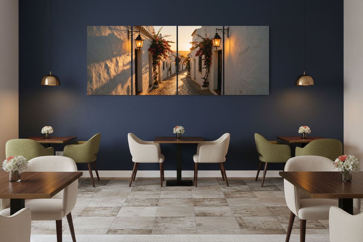 Four-panel Albufeira Old Town canvas wall art in an upscale Portuguese restaurant - Portugal Canvas Co