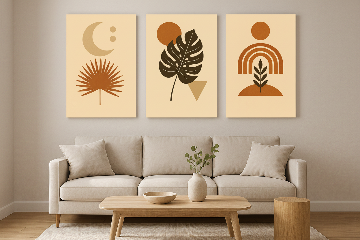 Modern boho botanical triptych canvas wall art set displayed on the wall of a bright modern boho living room with cream linen sofa and rattan furniture - Portugal Canvas Co