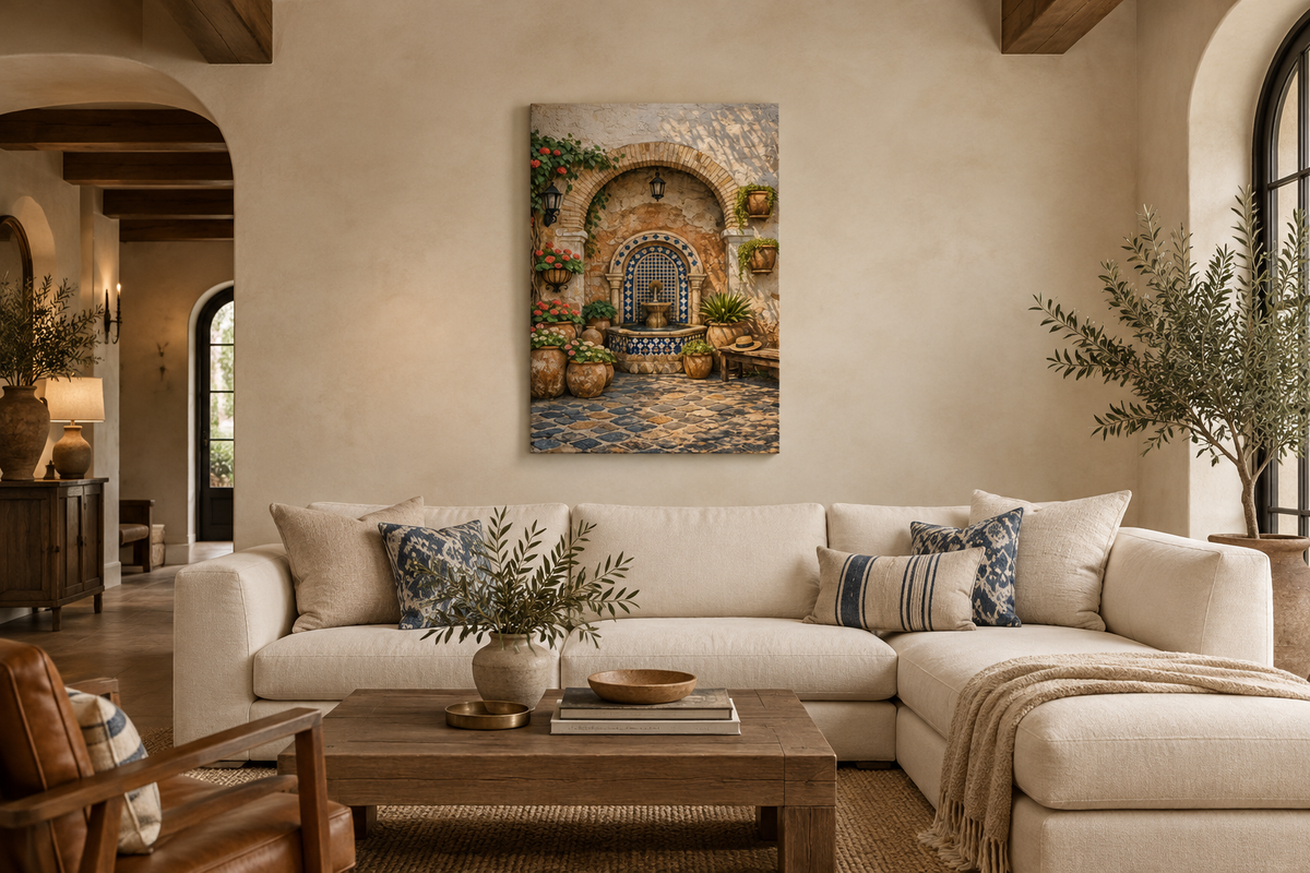 Portrait Mediterranean courtyard fountain canvas above a cream sofa in a luxury villa living room - Portugal Canvas Co