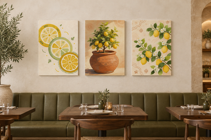 Three-piece Mediterranean lemon canvas set above an olive-green banquette in a restaurant - Portugal Canvas Co