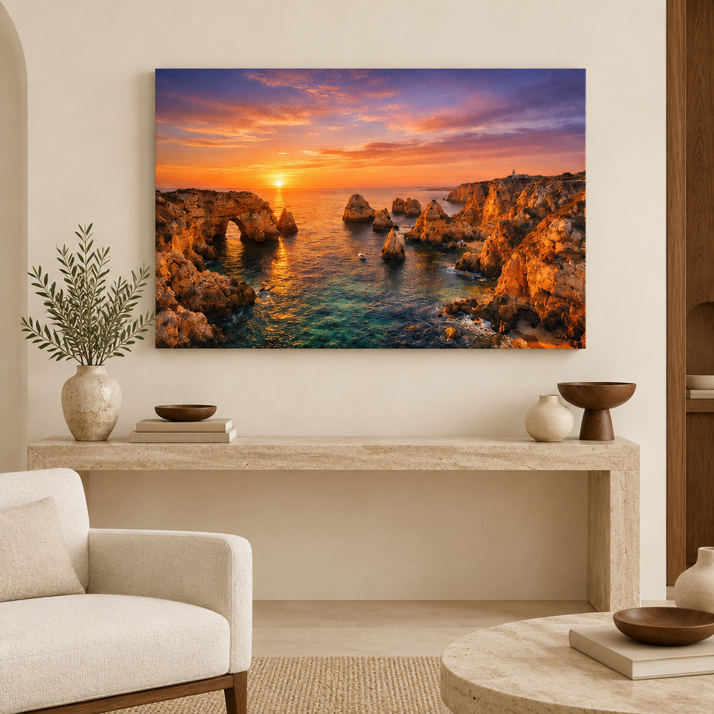 Ponta da Piedade sunset canvas in a warm ivory living room - Portugal Canvas Co