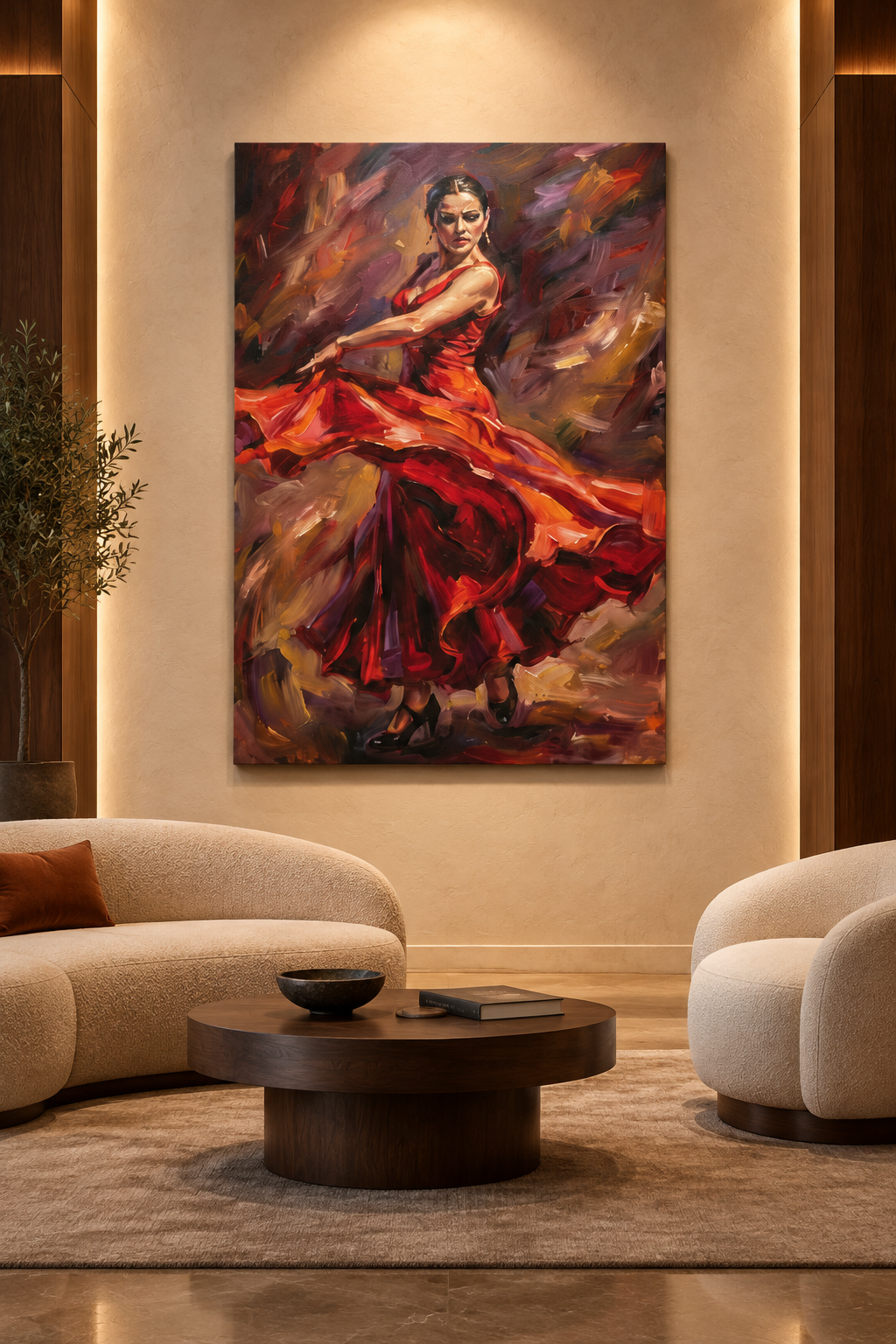 Flamenco dancer canvas displayed in a luxury boutique hotel lounge - Portugal Canvas Co