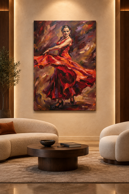 Flamenco dancer canvas displayed in a luxury boutique hotel lounge - Portugal Canvas Co