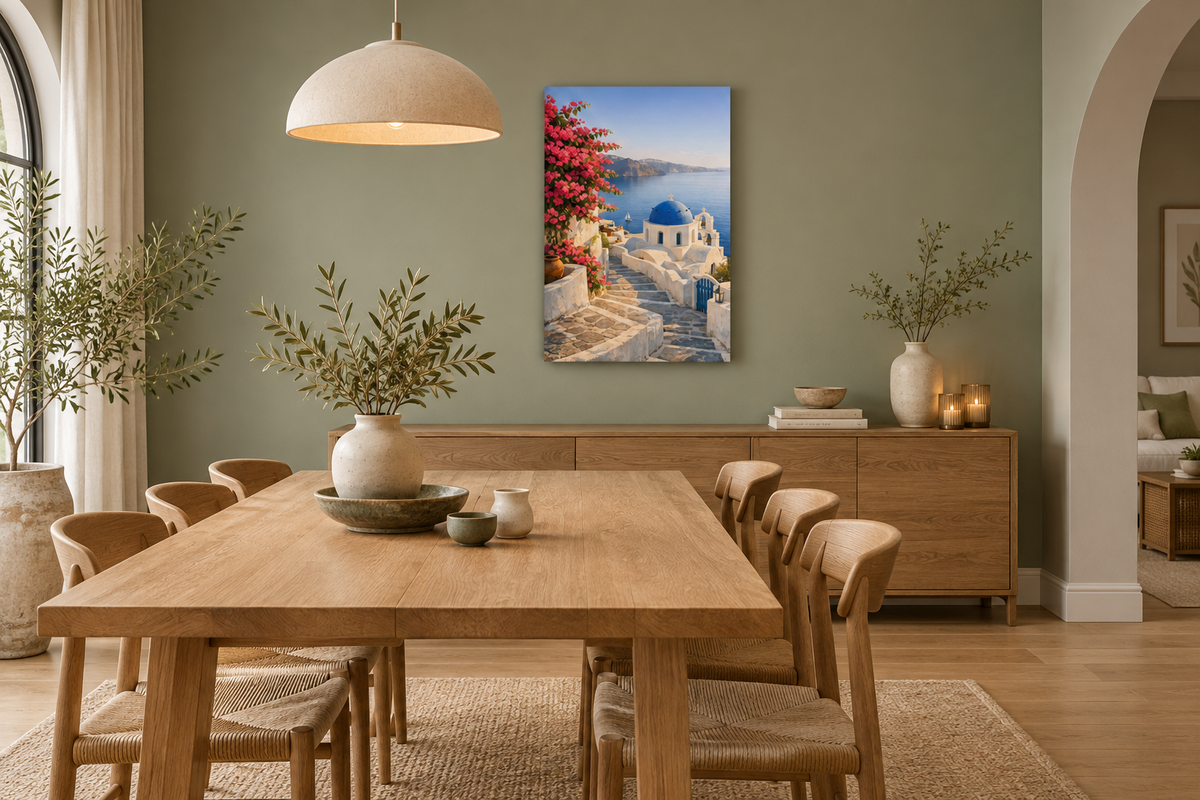 Portrait Santorini blue dome canvas in a sophisticated sage and cream dining room with natural oak furnishings - Portugal Canvas Co