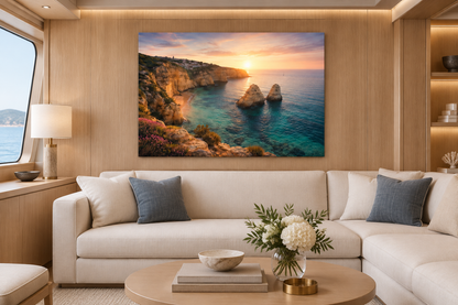 Praia da Marinha sunset sea stacks canvas above cream sofa in a teak-lined yacht club lounge - Portugal Canvas Co