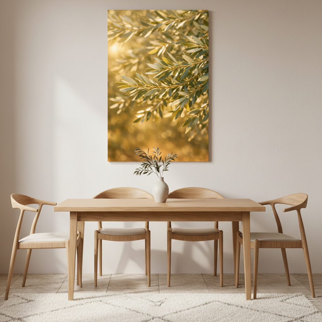Golden olive branches at sunset canvas wall art in dining room interior - Portugal Canvas Co