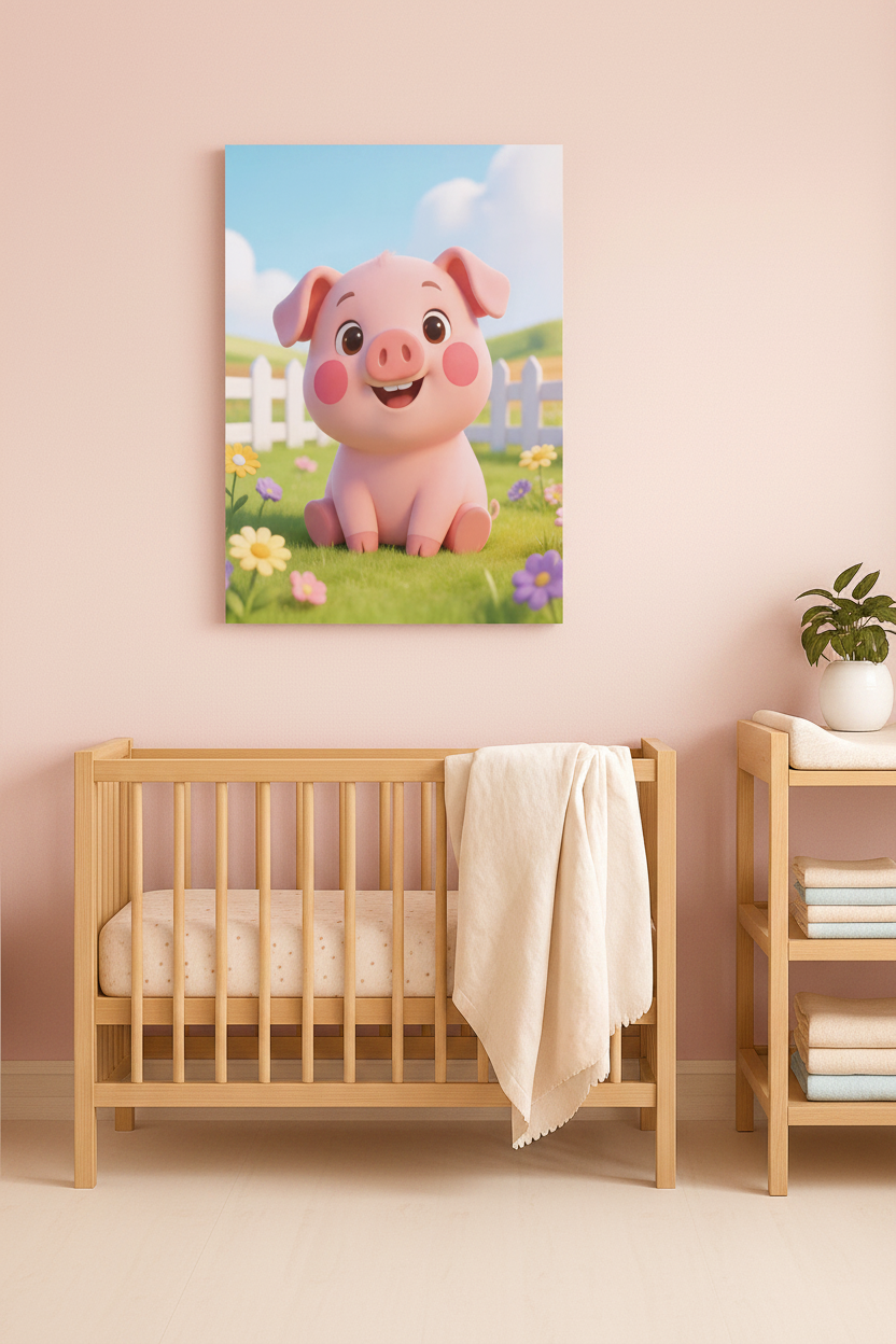 Cute piglet nursery canvas wall art on a pastel pink nursery wall above a changing table - Portugal Canvas Co