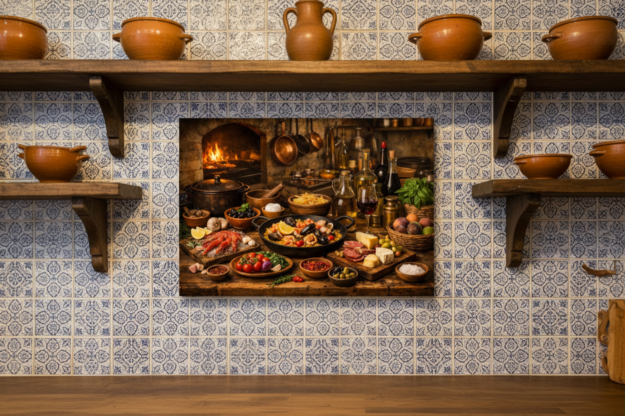 Mediterranean still life kitchen canvas wall art in traditional Portuguese azulejo-tiled kitchen with blue and white ceramic tiles and warm indoor lighting - Portugal Canvas Co
