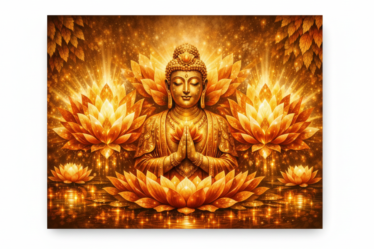 Golden Buddha meditation radiant lotus glow orange gold canvas print flat lay on white background - Portugal Canvas Co