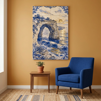 Azulejo-style coastal rock arch sunset canvas in an ochre reading nook with a cobalt armchair - Portugal Canvas Co