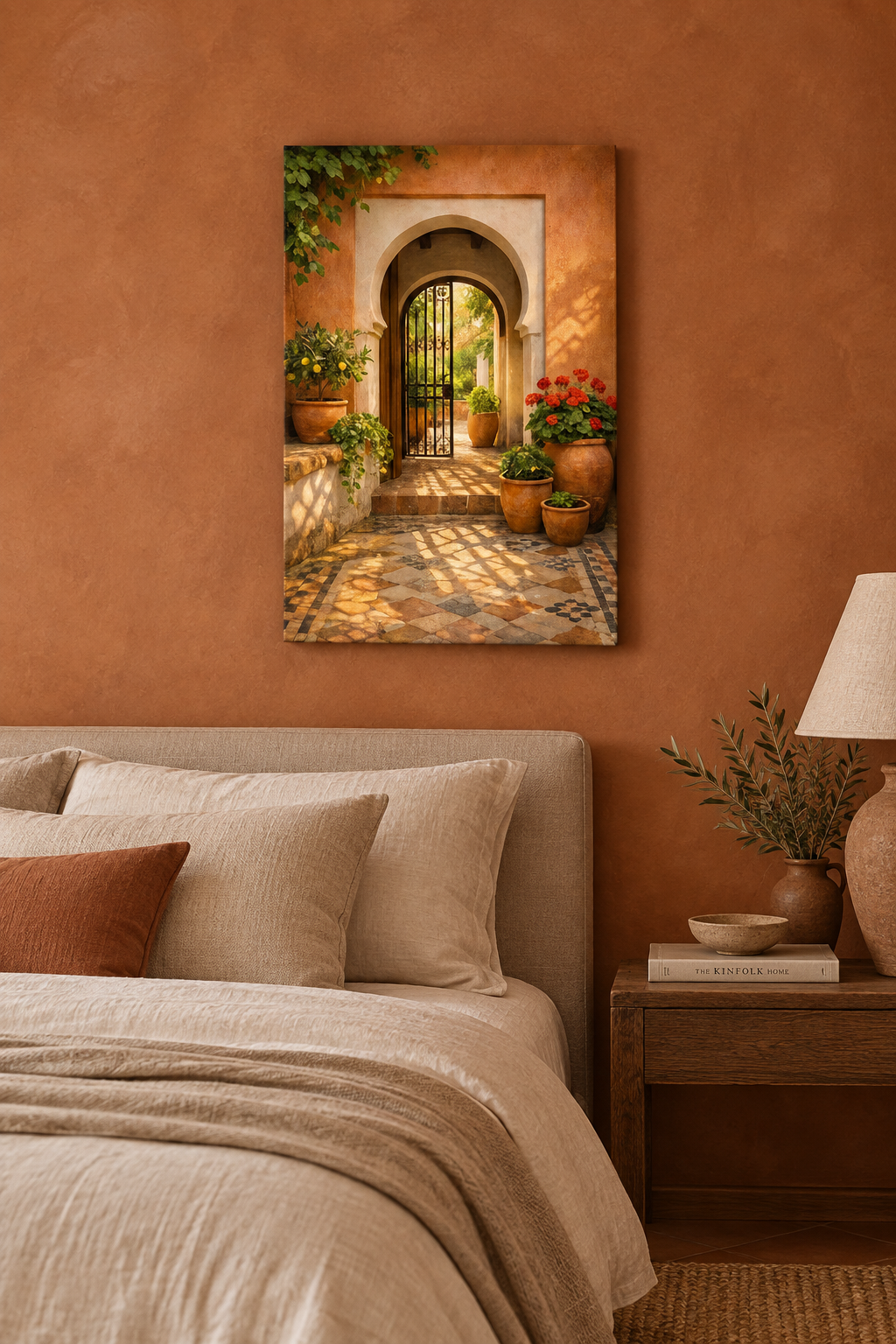 Moorish arched courtyard gate canvas print above a bed in a terracotta limewash bedroom - Portugal Canvas Co