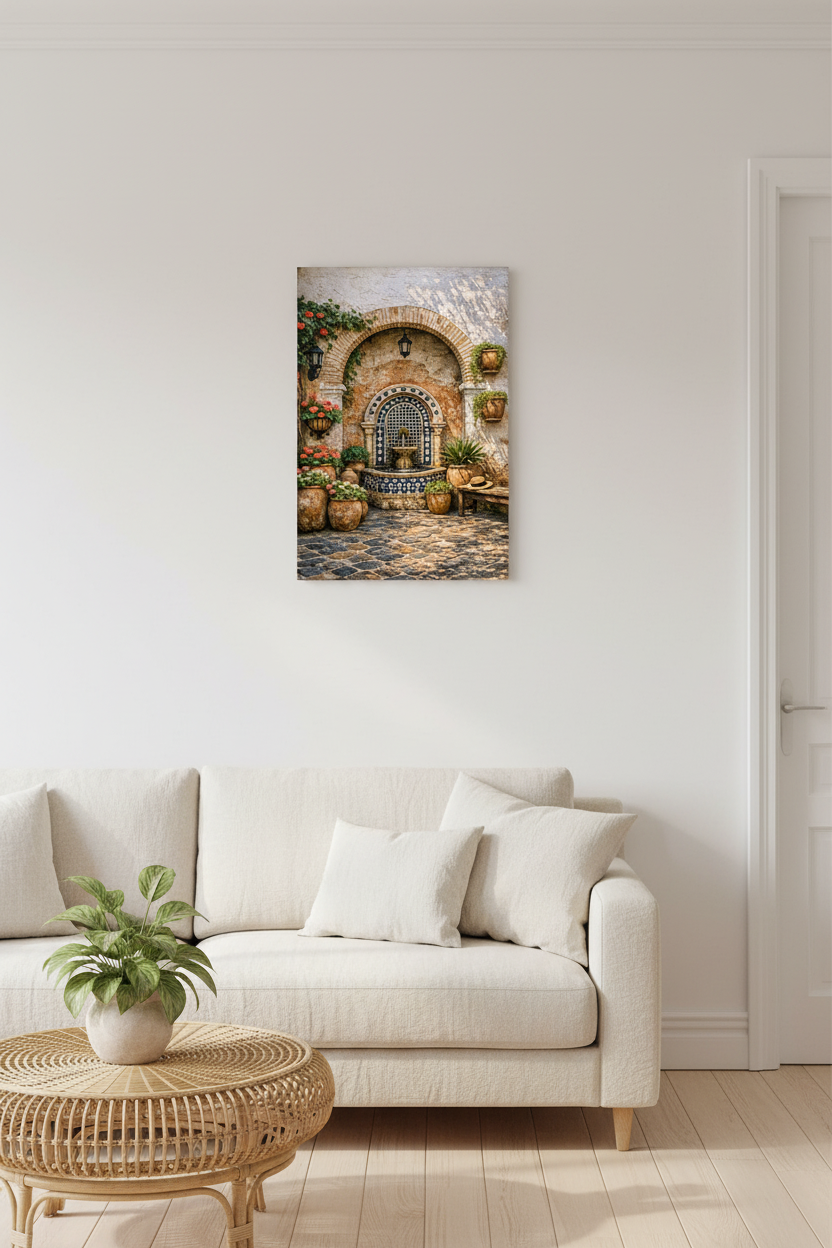 Andalusian courtyard fountain canvas wall art with blue mosaic tile arch and terracotta pots displayed in a bright minimalist living room with cream linen sofa and rattan coffee table - Portugal Canvas Co