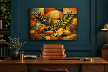 Olives and citrus gallery-wrapped canvas in deep teal home office - Portugal Canvas Co
