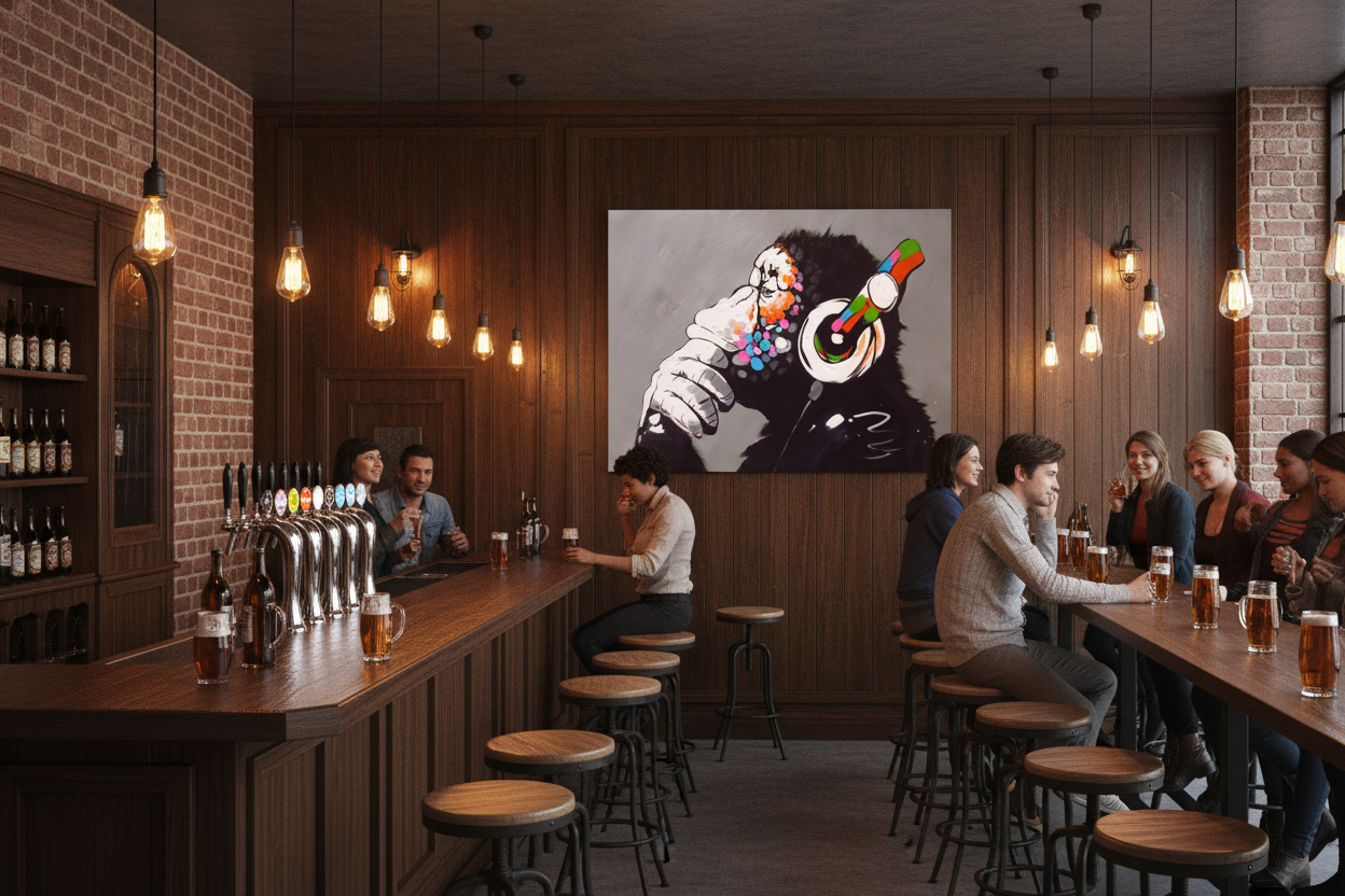 Graffiti street art DJ monkey canvas wall art displayed on the wall of a cool craft beer pub with dark wood panelling and Edison bulb lighting - Portugal Canvas Co