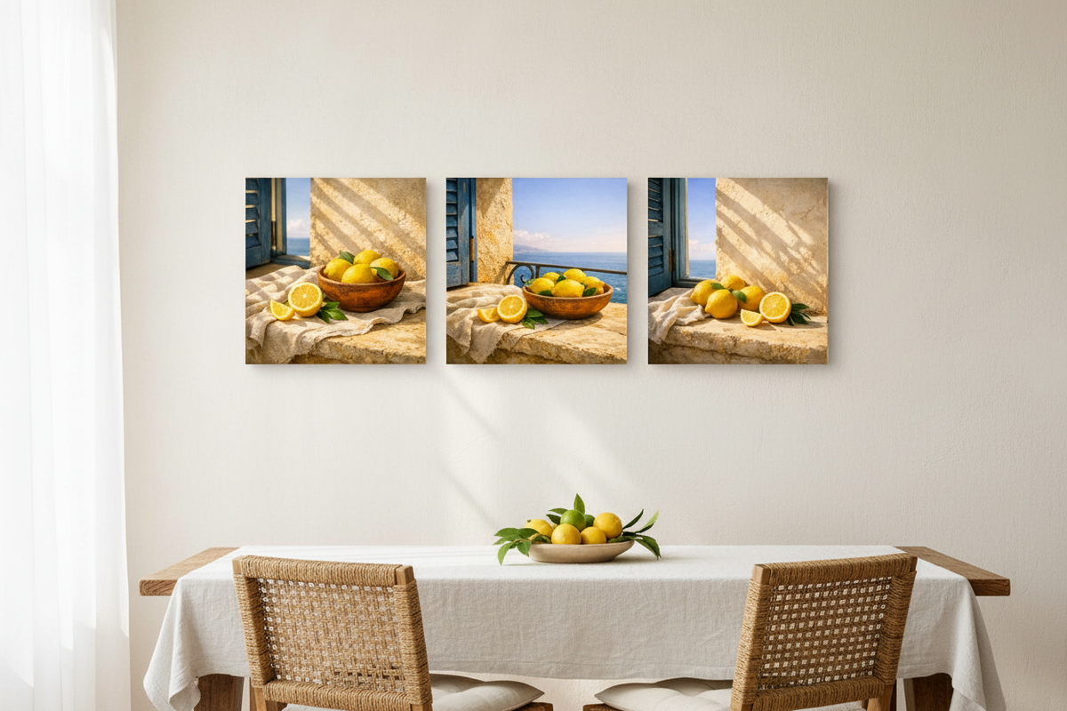 Mediterranean Lemon Window Trio triptych on white wall in a bright coastal dining room with rattan chairs and linen tablecloth - Portugal Canvas Co