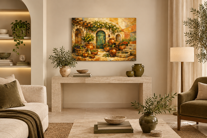 Mediterranean courtyard gallery-wrapped canvas in ivory and olive living room - Portugal Canvas Co