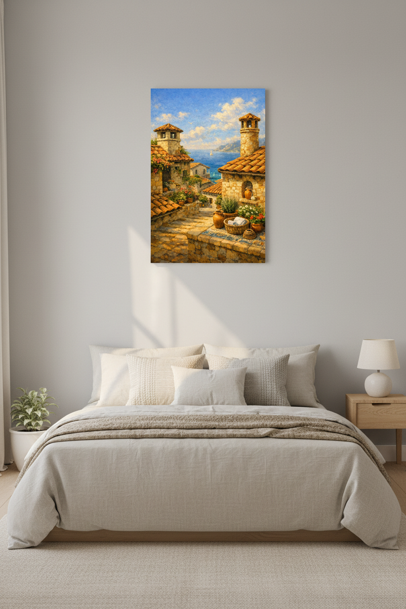 Mediterranean coastal village canvas wall art displayed above a linen bed in a minimalist Scandinavian coastal bedroom with soft morning light - Portugal Canvas Co
