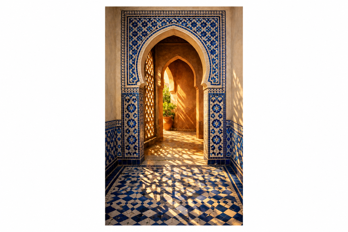 Moroccan archway with blue and white tiles and lattice shadows, portrait artwork on a white background - Portugal Canvas Co