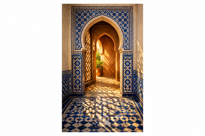 Moroccan archway with blue and white tiles and lattice shadows, portrait artwork on a white background - Portugal Canvas Co