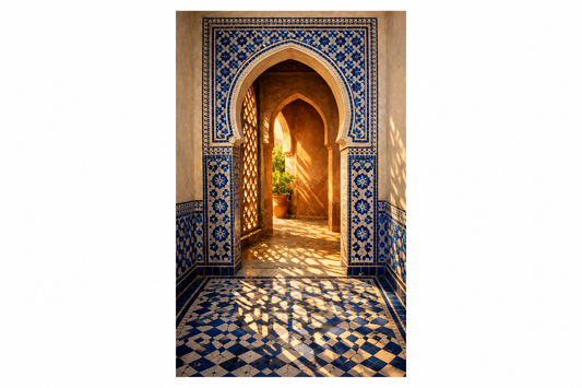 Moroccan archway with blue and white tiles and lattice shadows, portrait artwork on a white background - Portugal Canvas Co