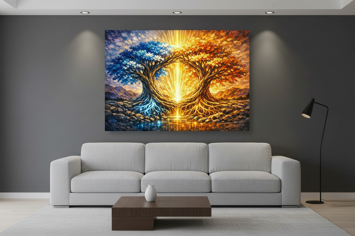 Dual tree of light abstract canvas wall art above grey sofa in contemporary living room with dark walls and warm ceiling spotlights - Portugal Canvas Co