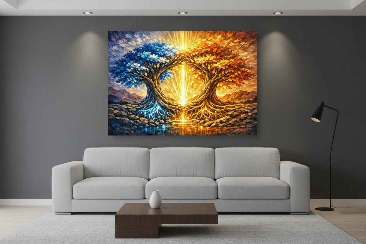 Dual tree of light abstract canvas wall art above grey sofa in contemporary living room with dark walls and warm ceiling spotlights - Portugal Canvas Co