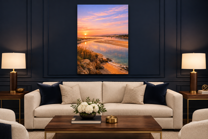 Alvor Estuary at golden hour portrait canvas displayed in a navy living room - Portugal Canvas Co