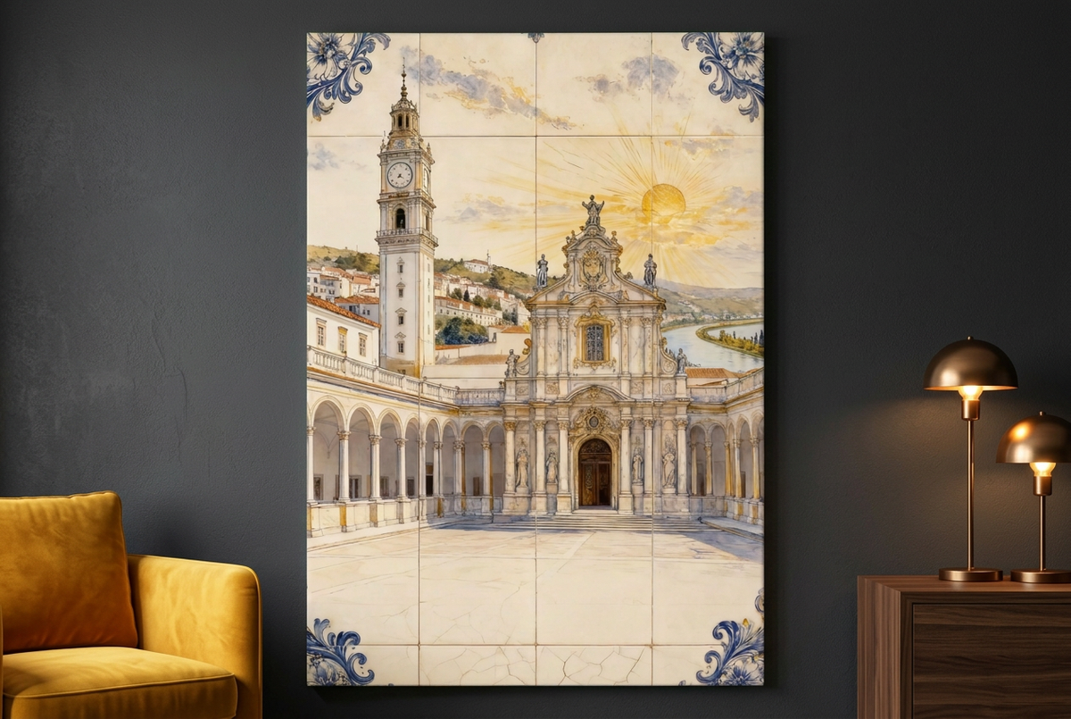 Portrait Coimbra architecture canvas on a charcoal wall with saffron yellow seating and bronze lamps - Portugal Canvas Co