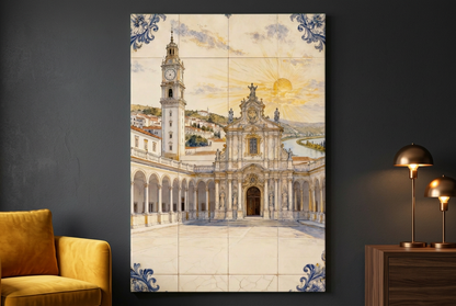 Portrait Coimbra architecture canvas on a charcoal wall with saffron yellow seating and bronze lamps - Portugal Canvas Co