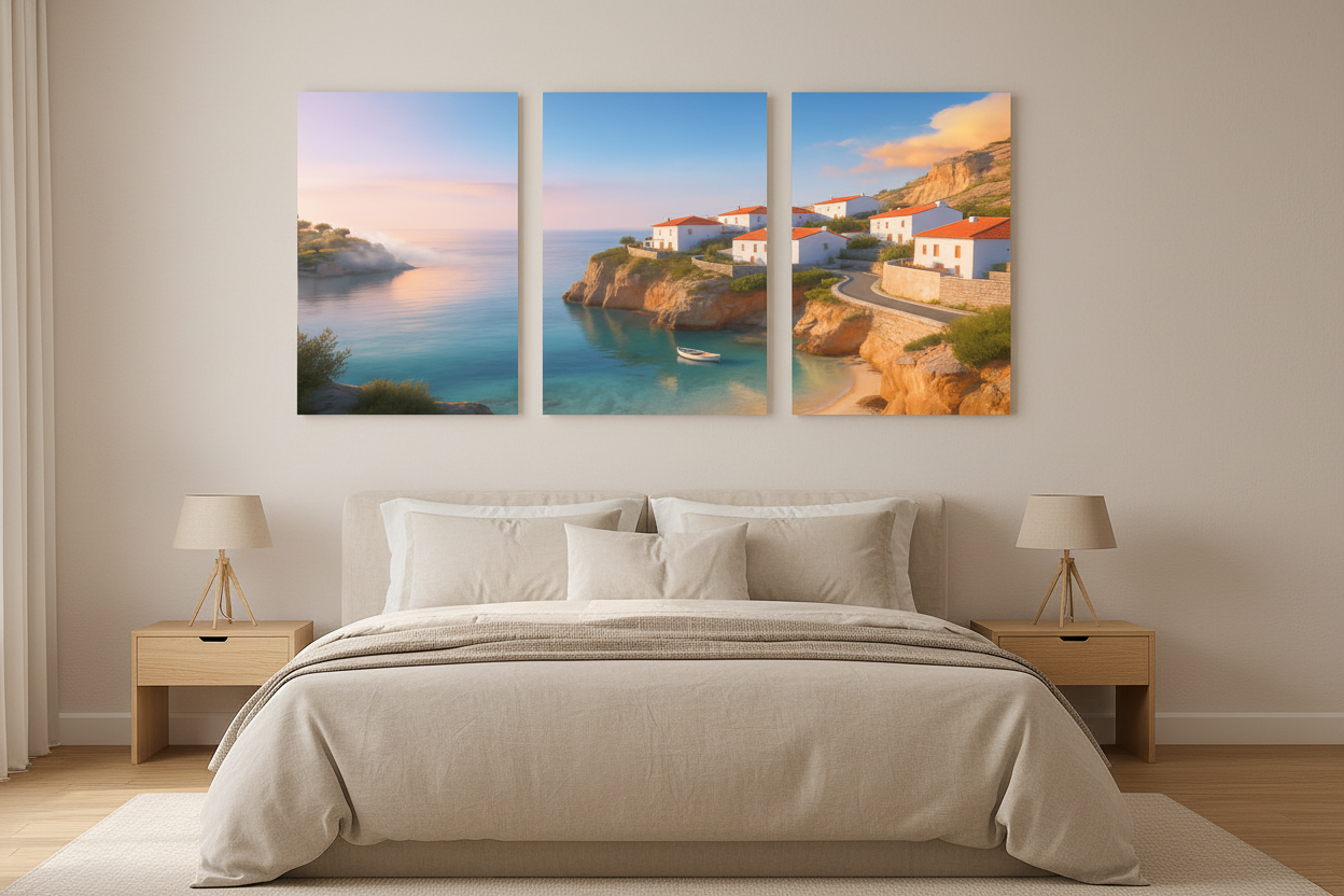Mediterranean coastal village sunrise 3-panel triptych canvas set displayed above a bed in a bright minimalist bedroom - Portugal Canvas Co