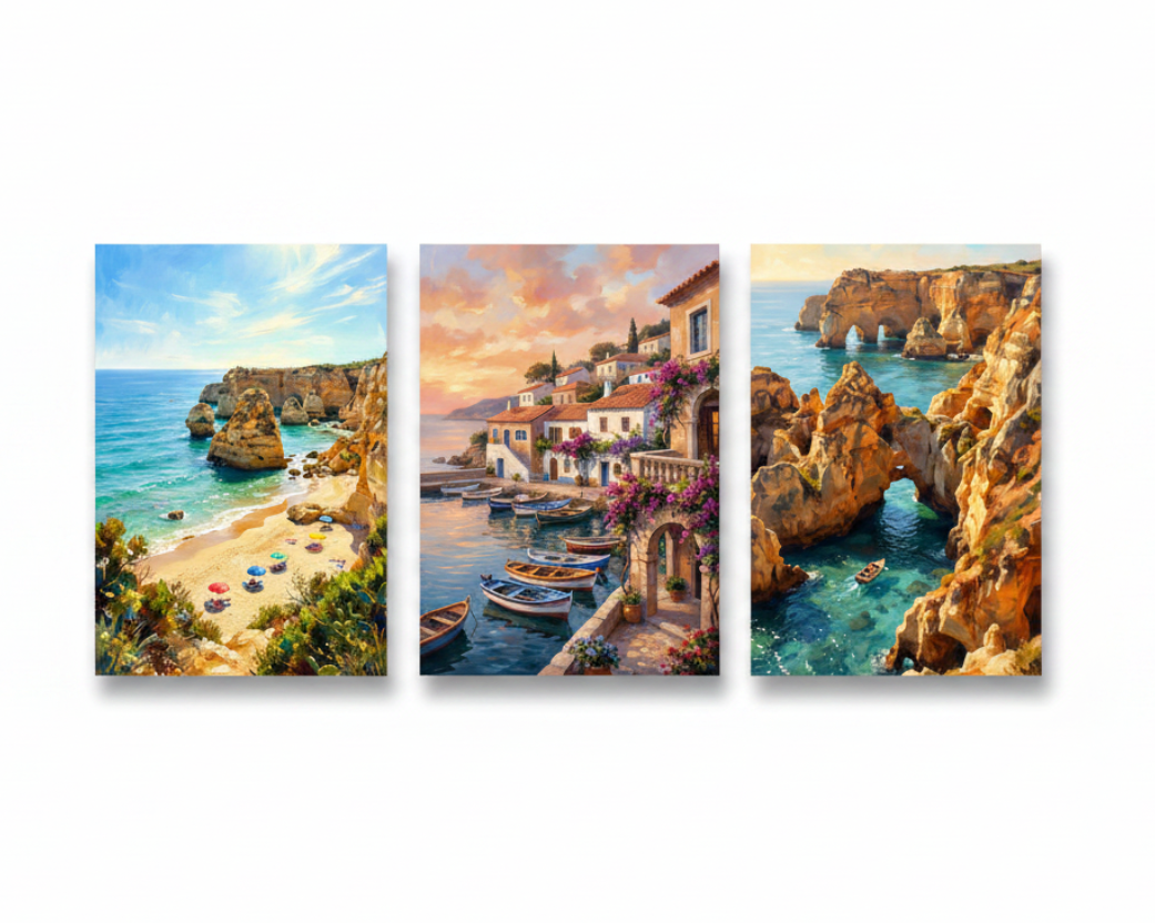Algarve Portugal 3-panel triptych canvas set with golden beach cliffs, Mediterranean harbour village and sea arch rock formations on white background - Portugal Canvas Co
