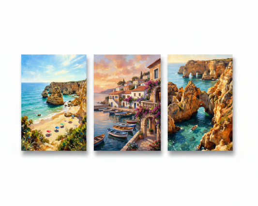 Algarve Portugal 3-panel triptych canvas set with golden beach cliffs, Mediterranean harbour village and sea arch rock formations on white background - Portugal Canvas Co