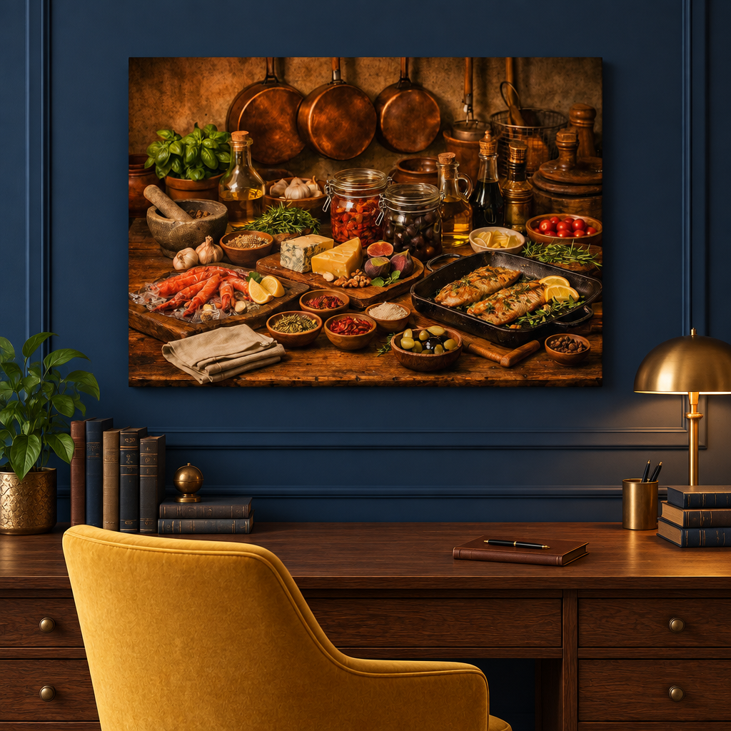 Food still-life canvas wall art above a walnut desk in a navy blue study - Portugal Canvas Co