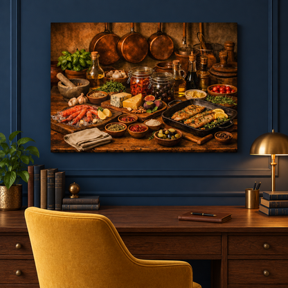 Food still-life canvas wall art above a walnut desk in a navy blue study - Portugal Canvas Co