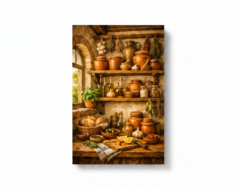 Mediterranean rustic kitchen pantry still life canvas wall art with terracotta pots herbs and bread on white background - Portugal Canvas Co