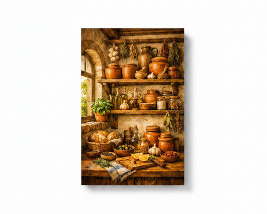 Mediterranean rustic kitchen pantry still life canvas wall art with terracotta pots herbs and bread on white background - Portugal Canvas Co