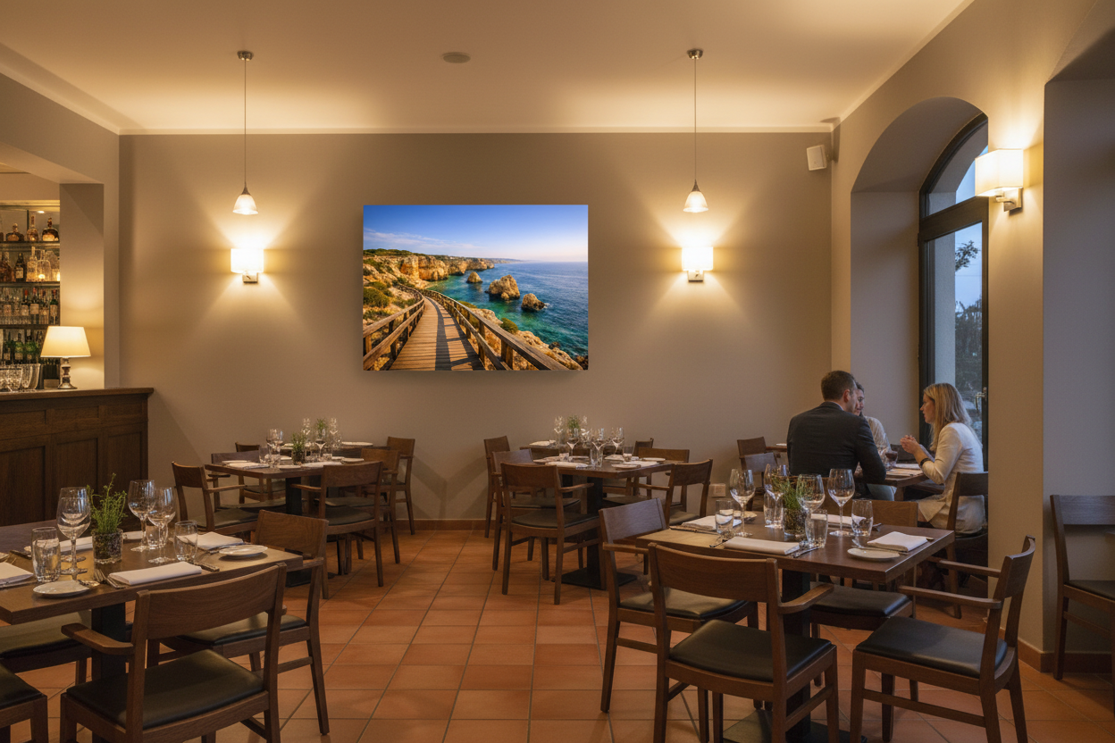 Carvoeiro boardwalk Algarve canvas wall art displayed in an upscale restaurant setting - Portugal Canvas Co