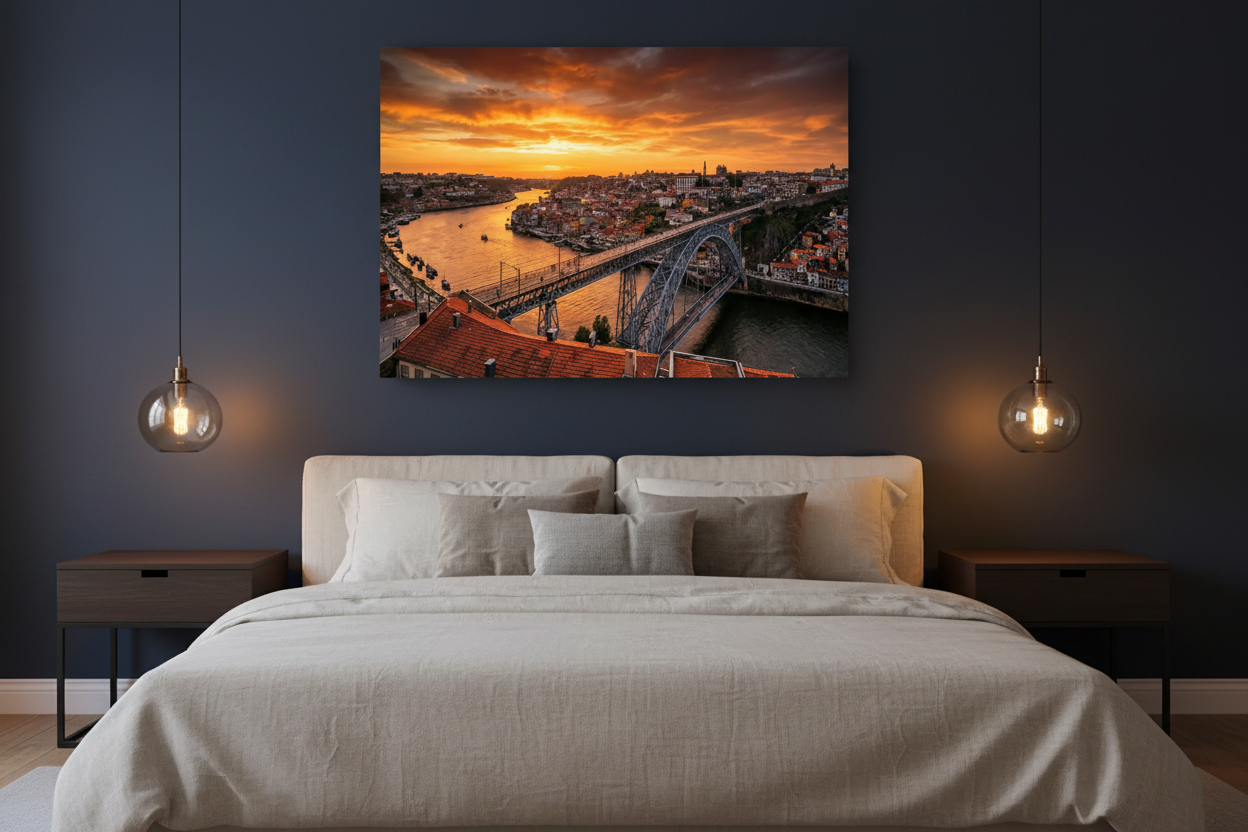 Porto cityscape Dom Luis I bridge sunset canvas wall art displayed in a stylish dark bedroom - Portugal Canvas Co