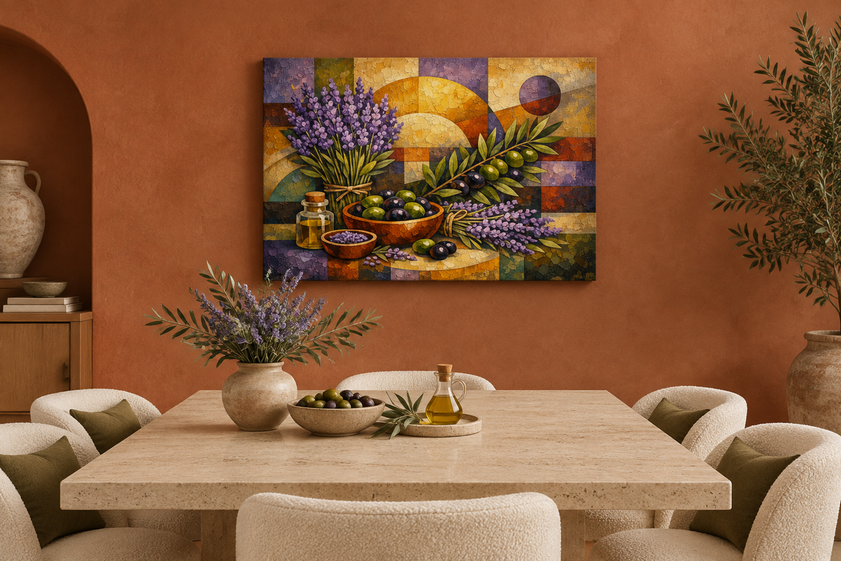 Lavender and olives mosaic still life gallery-wrapped canvas in terracotta dining room - Portugal Canvas Co
