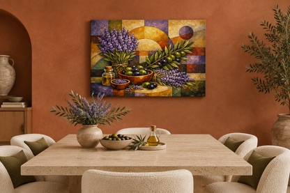 Lavender and olives mosaic still life gallery-wrapped canvas in terracotta dining room - Portugal Canvas Co