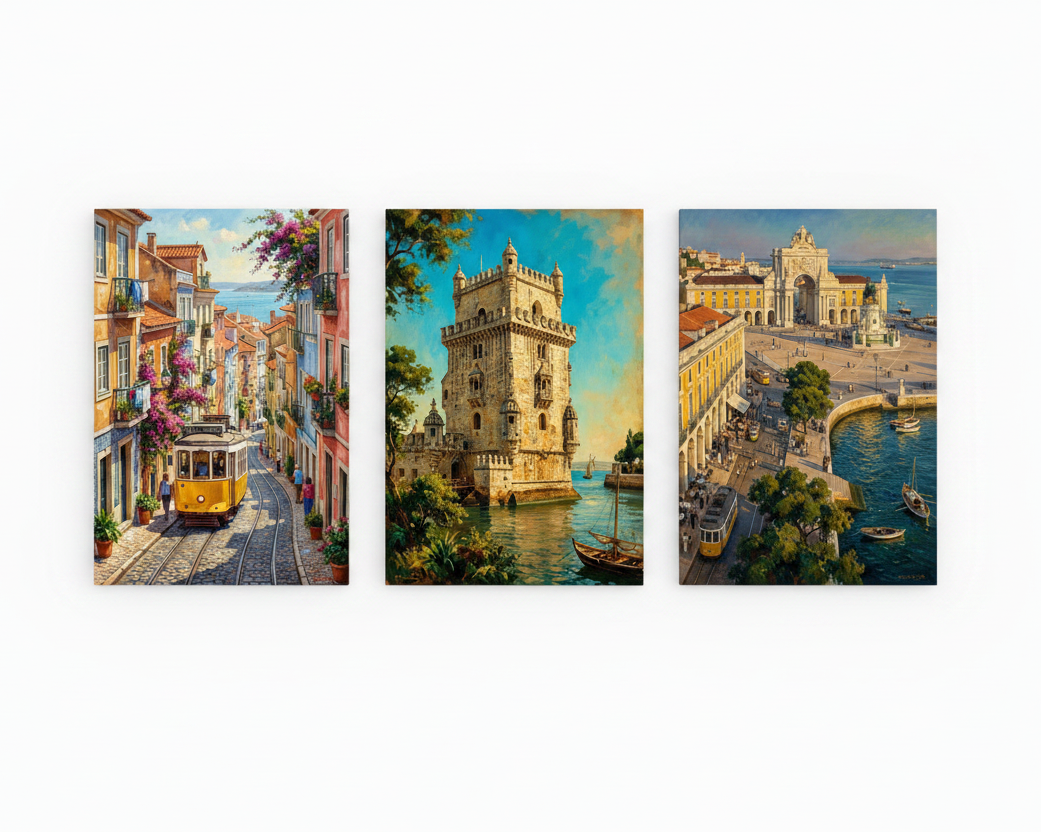 Lisbon cityscape triptych canvas wall art set with tram Belém Tower and Praça do Comércio flat lay on white background - Portugal Canvas Co