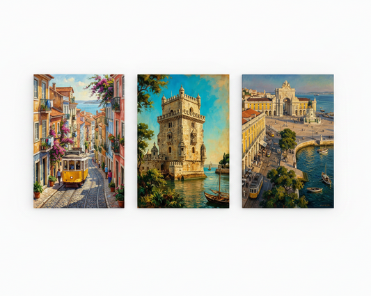 Lisbon cityscape triptych canvas wall art set with tram Belém Tower and Praça do Comércio flat lay on white background - Portugal Canvas Co